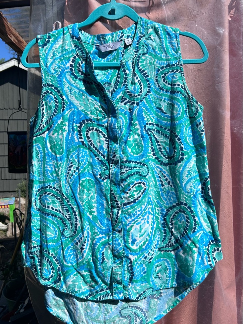 Indigo Sleeveless Paisley Button-Front Top in Teal/Blue sz M